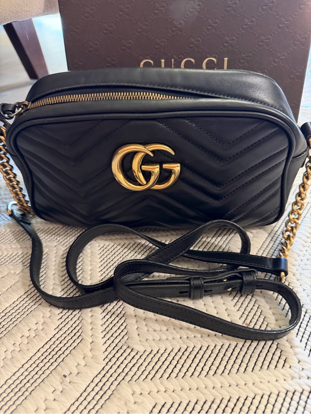Gucci Black Leather GG Marmont Chevron Crossbody with Gold Hardware